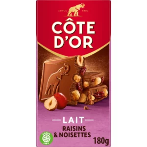 Tablette de chocolat au lait aux raisins et noisettes entières - 180 g
