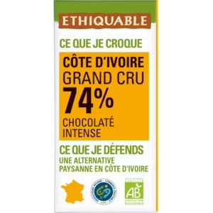 Tablette De Chocolat Noir 74% Cacao Côte d'Ivoire Bio ETHIQUABLE - 100g