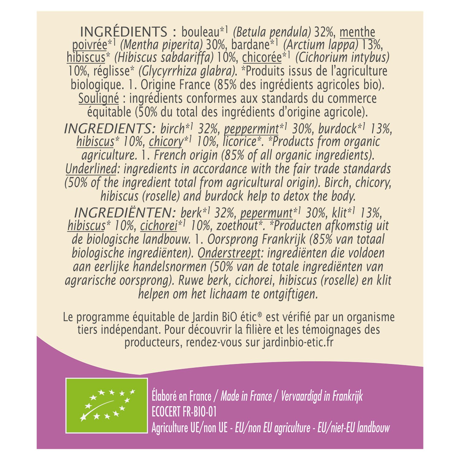Infusion détox Bio JARDIN BIO ETIC - 20 sachets